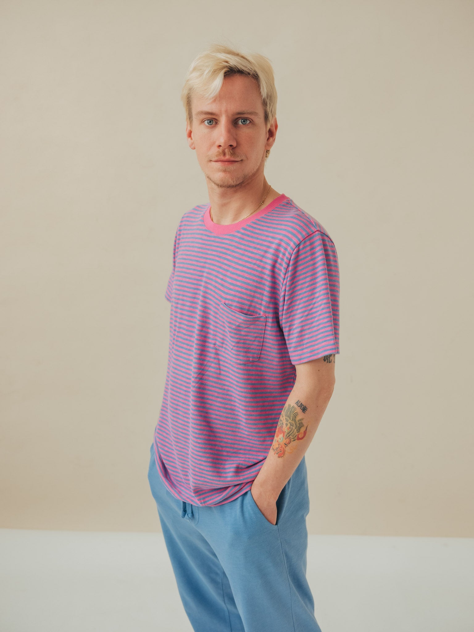 T-SHIRT STRIPES DENIM BLUE & STRAWBERRY