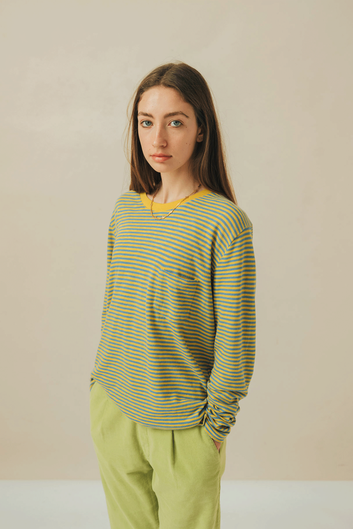 LONG SLEEVE STRIPES DENIM BLUE & PALE YELLOW
