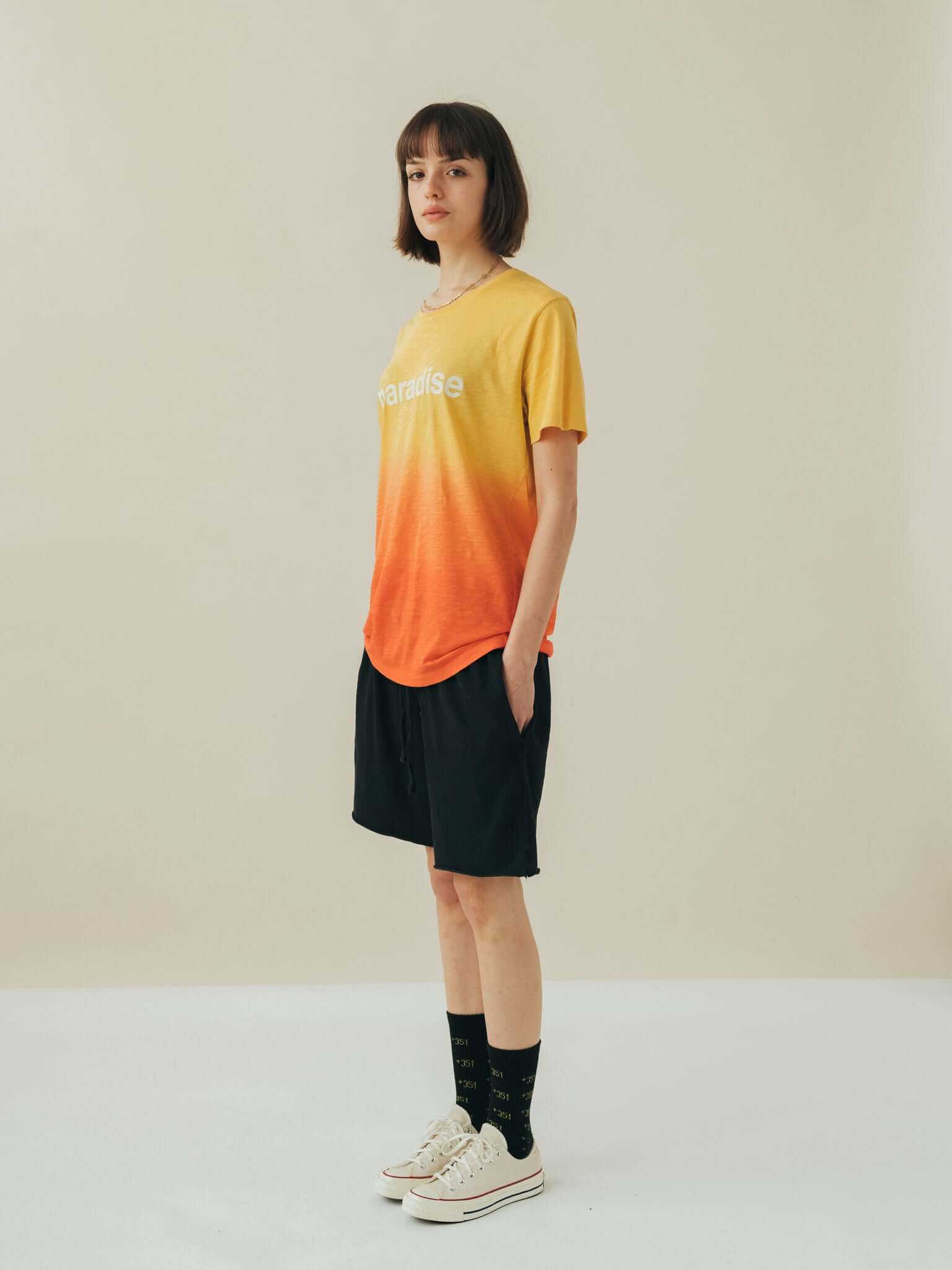 T-SHIRT GRAPHIC PARADISE FARBVERLAUF HELLGELB &amp; MANDARINE